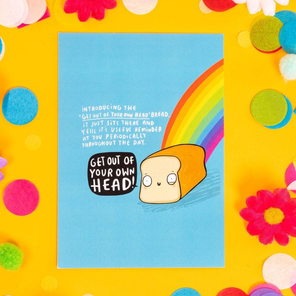 Katie Abey Design - Get Out of Your Head Bread! Motivational Postcard Wenskaart - Multicolours